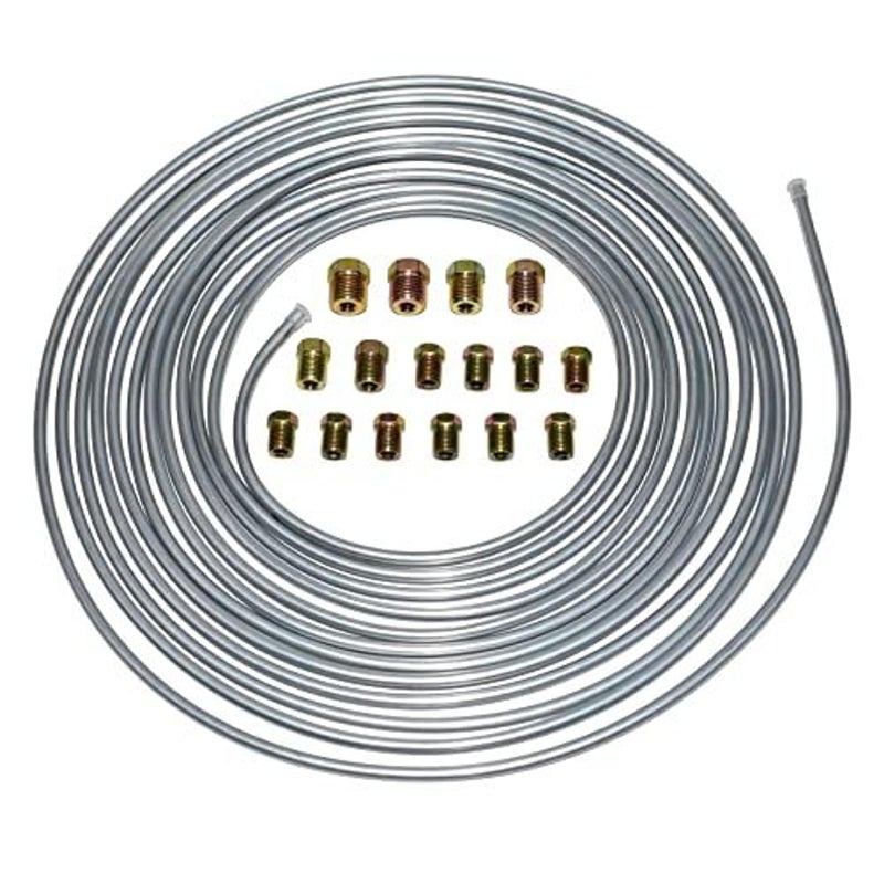 A-Team Performance 3/16 Double-Walled Galvanized Steel Brake Line Roll Kit - 25 ft, .028 in wall - Corrosion-Resistant Hydraulic Brake Line & Trailer Tubing - 16-Piece Fitting Set - Image 1